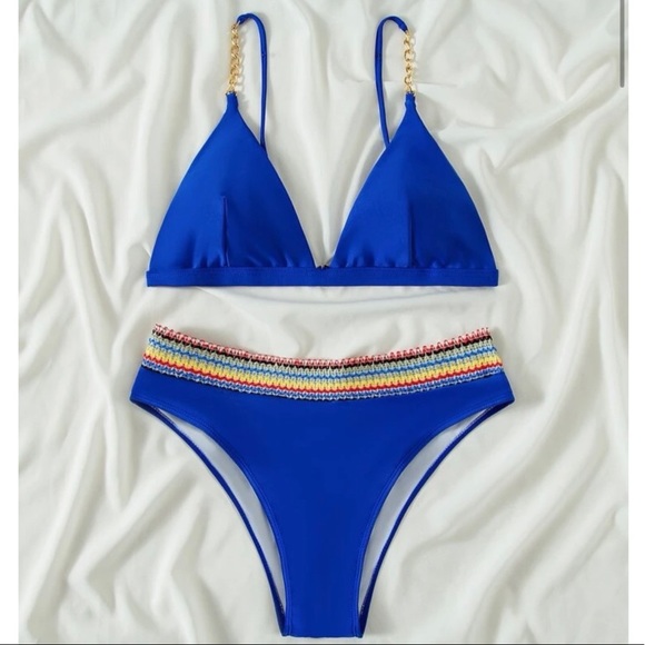 Royal Cobalt Blue Contrast Trim Triangle Bikini Chain Link Straps Size M - Picture 3 of 15